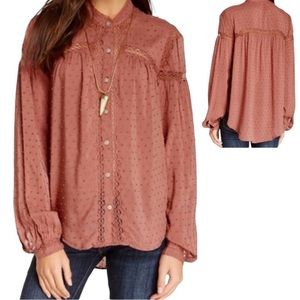 Free People Every Day Every Girl Swiss Dot Button Top Crochet Sz S Ptp 20” EUC